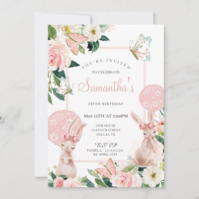 Invitation Pastel Rose Printemps Floral Fille Anniversaire Fê (Devant)
