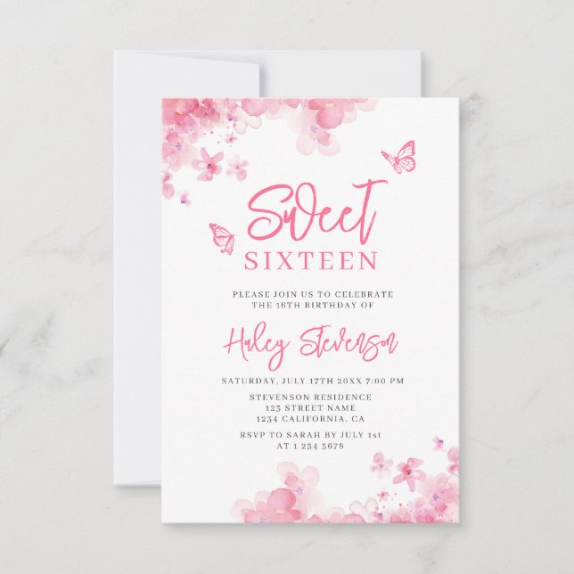 Invitation Pastel rose Romantique aquarelle florale douce 16 (Devant)