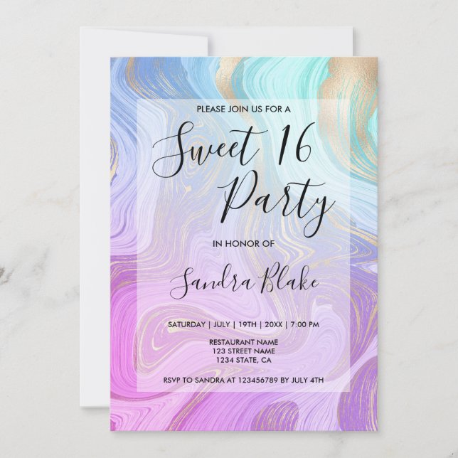 Invitation pastel rose Unicorn marbre liquide Girly Moderne (Devant)