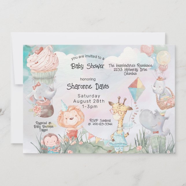 Invitation Pastel Safari Animaux Baby shower personnalisé (Devant)