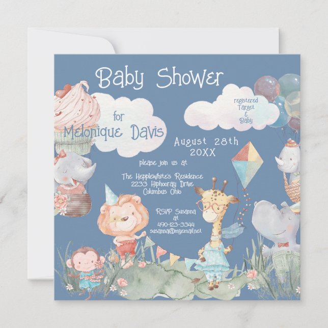 Invitation Pastel Safari Animaux Baby shower personnalisé (Devant)