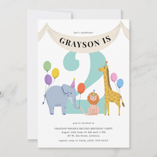 Invitation Pastel Safari Animaux Fête Anniversaire de enfant (Devant)