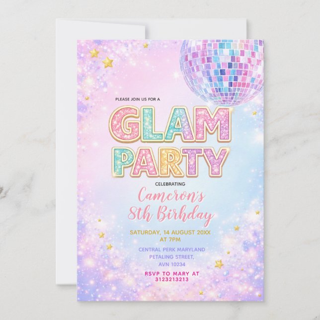 Invitation Pastel Sparkle Disco Glam Kids Birthday Party (Devant)