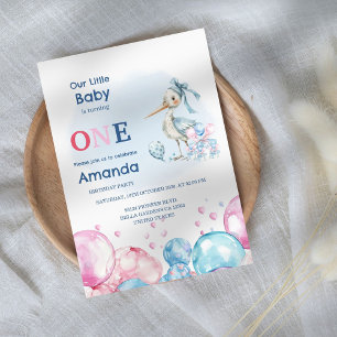 Invitation Pastel Stork & Balloons 1er Anniversaire