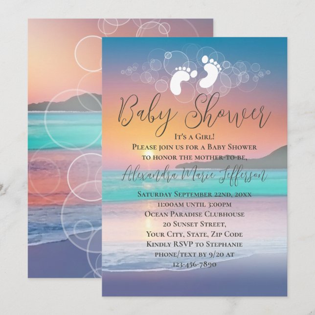 Invitation Pastel Sunset Beach Ocean Baby shower (Devant / Derrière)