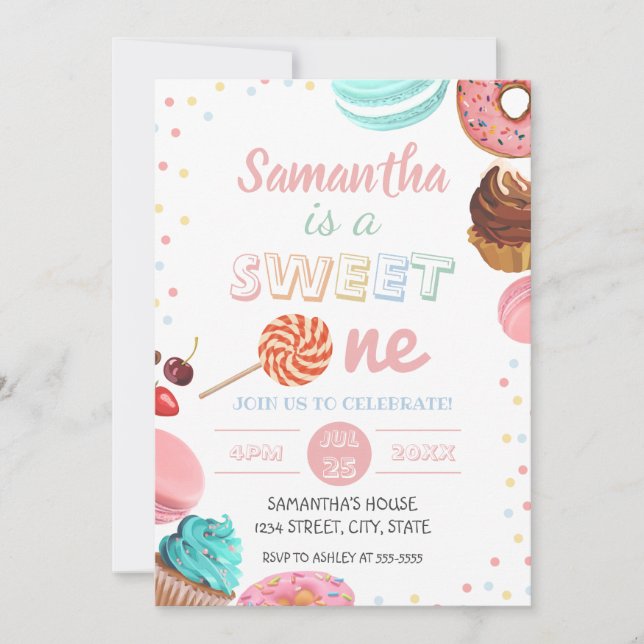Invitation Pastel Sweet Candy Lolipop Cupcake Donut Anniversa (Devant)