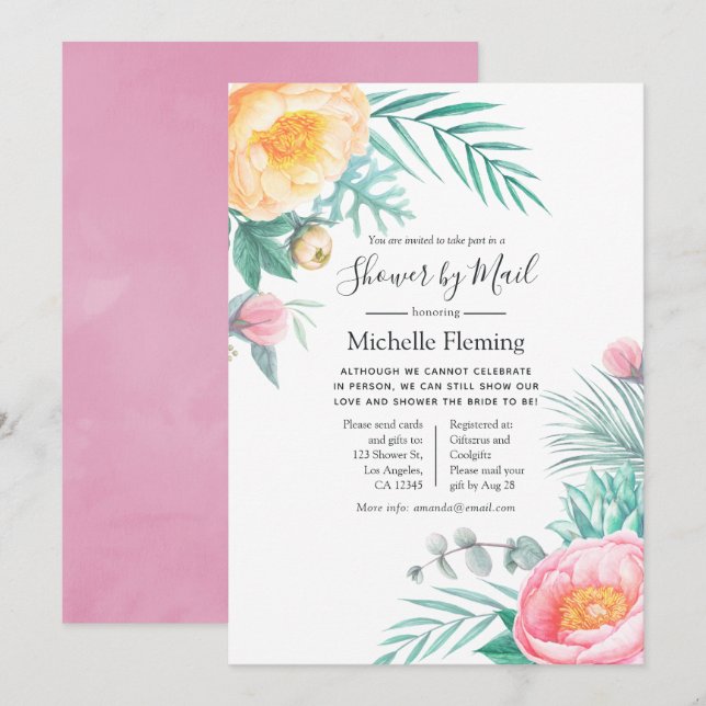 Invitation Pastel tropical Baby shower floral par la poste (Devant / Derrière)