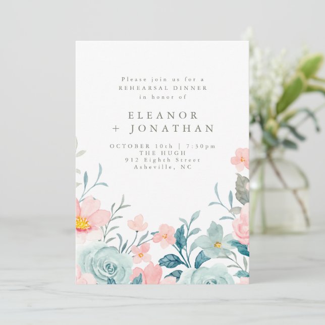 Invitation Pastel Turquoise rose Aquarelle Florale Répétition (Debout devant)