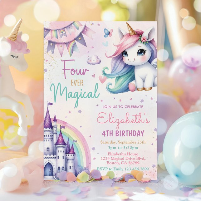 Invitation Pastel Unicorn Four Ever Magique 4e anniversaire (Créateur téléchargé)