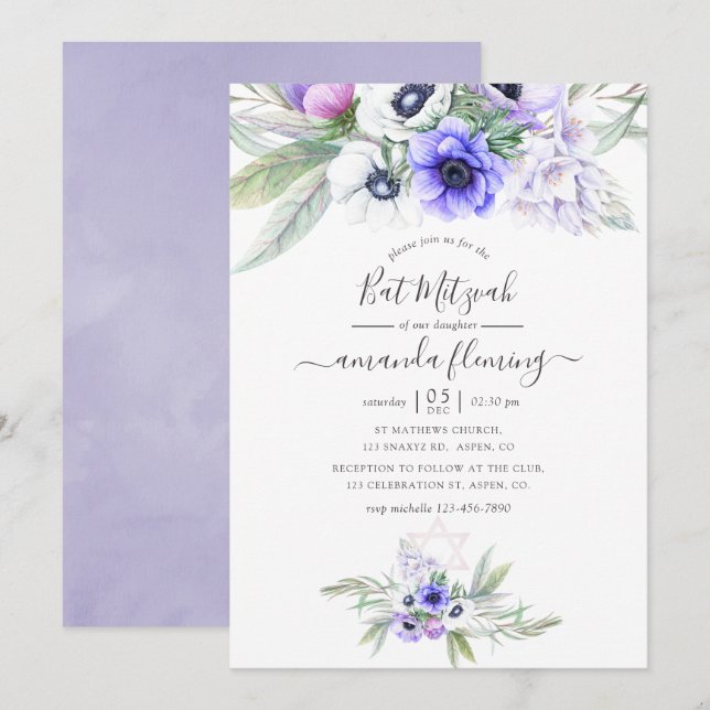 Invitation Pastel Violet Floral Bat mitzvah (Devant / Derrière)