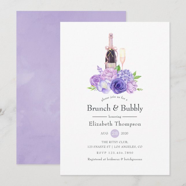 Invitation Pastel Violet Floral Brunch & Fête des mariées Bub (Devant / Derrière)