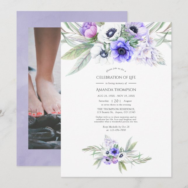 Invitation Pastel Violet Floral Célébration de la Vie Photo (Devant / Derrière)
