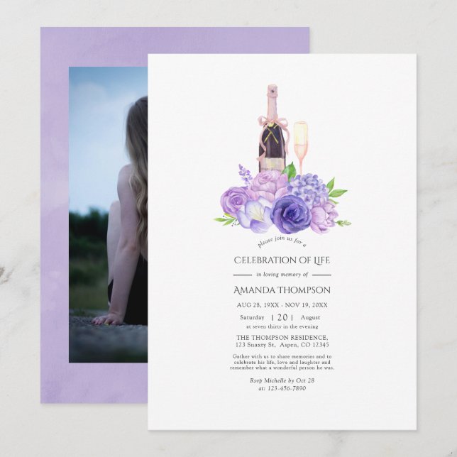 Invitation Pastel Violet Floral Champagne Célébration de la v (Devant / Derrière)