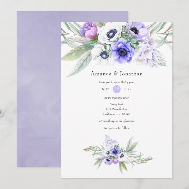 Invitation Pastel Violet Floral Mariage (Devant / Derrière)