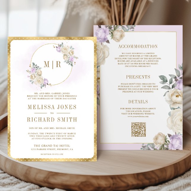 Invitation Pastel violet ivoire or floral tout en un Mariage (Créateur téléchargé)
