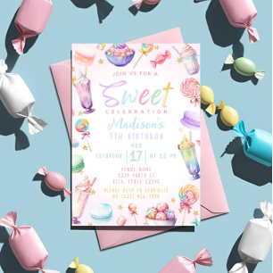 Invitation Pastel Watercolor Candy Land Anniversaire Thème de