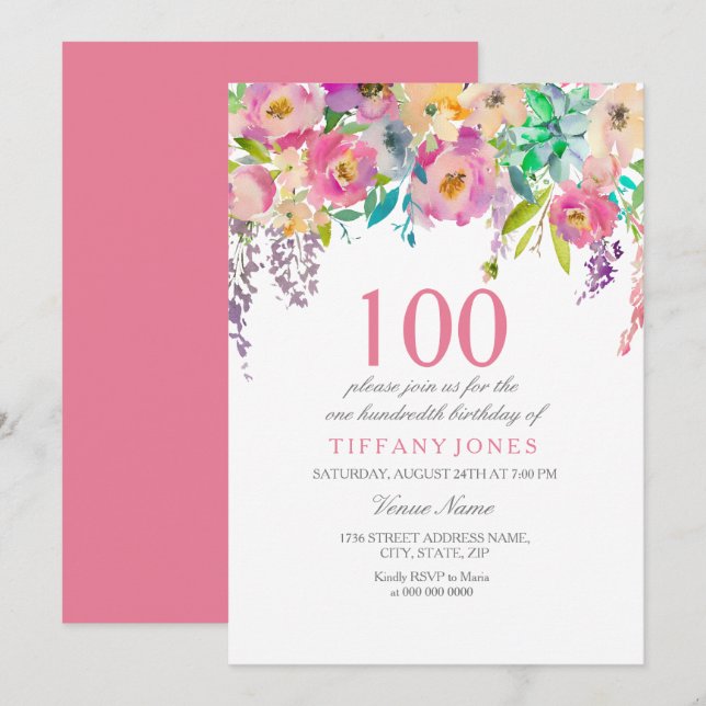 Invitation Pastel Watercolor Flowers 100e fête d'anniversaire (Devant / Derrière)