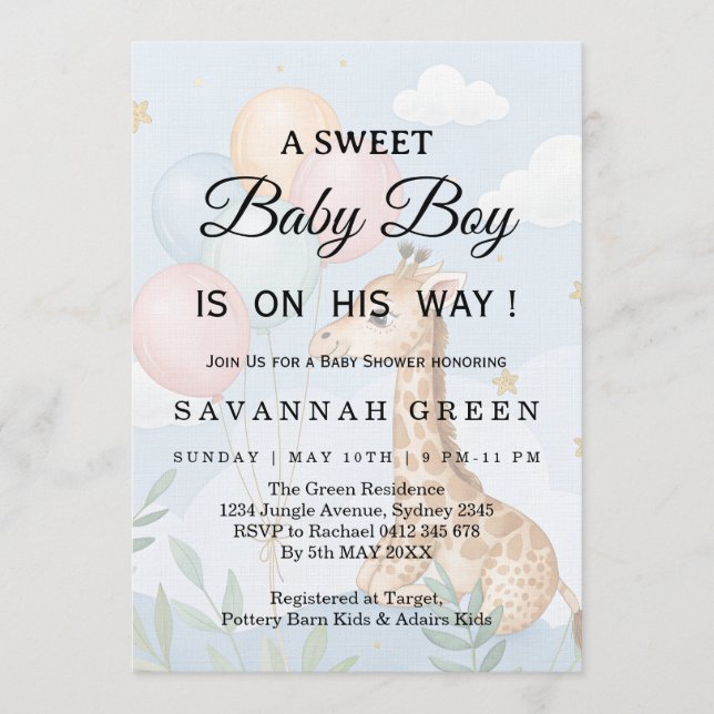 Invitation Pastel Watercolor Giraffe Baby Boy Invite (Devant)