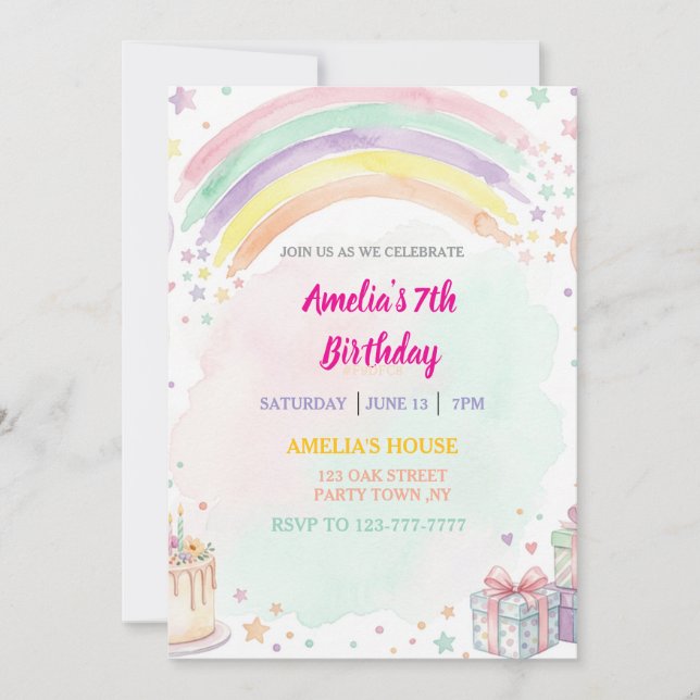 Invitation Pastel Watercolor Rainbow Birthday (Devant)