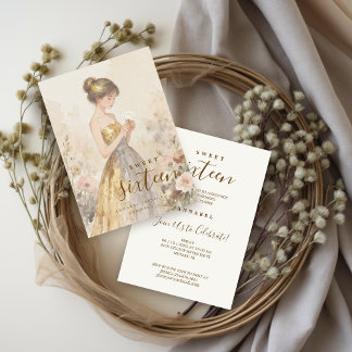 Invitation Pastel Watercolor Sweet Sixteen Girl & Flowers