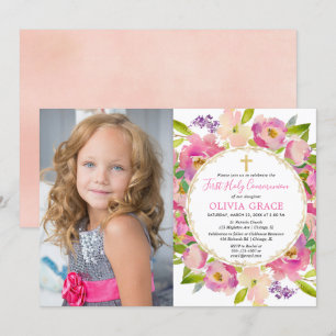 Invitation Pastels floral rose vif Première communion photo