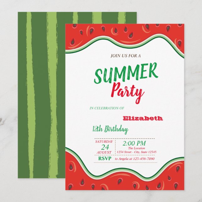 Invitation Pastèque, Fête d'anniversaire d'été (Devant / Derrière)