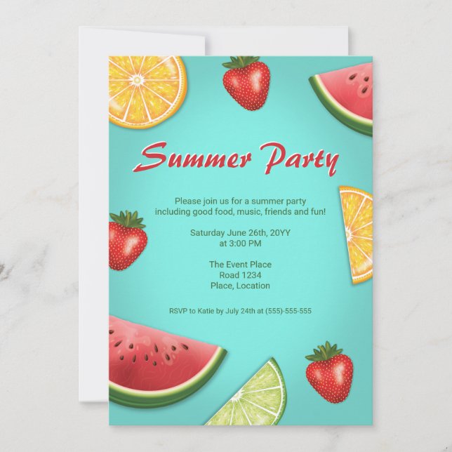 Invitation Pastèque Fraise Lime Fruits Fête d'Été (Devant)