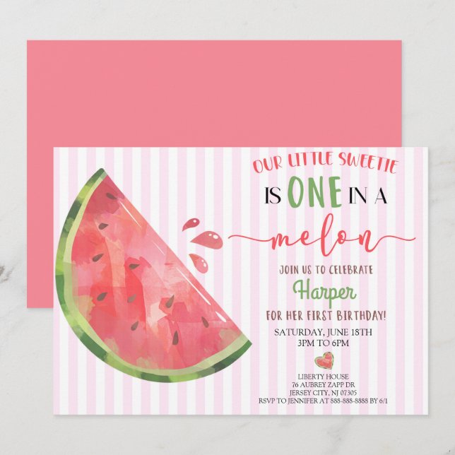 Invitation Pastèque Rose Un Dans Un Melon 1er Anniversaire (Devant / Derrière)