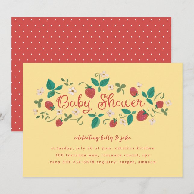 Invitation Patch fraise Sunshine Baby shower jaune (Devant / Derrière)