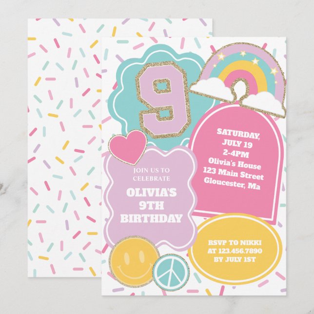 Invitation Patch Preppy 9e anniversaire (Devant / Derrière)