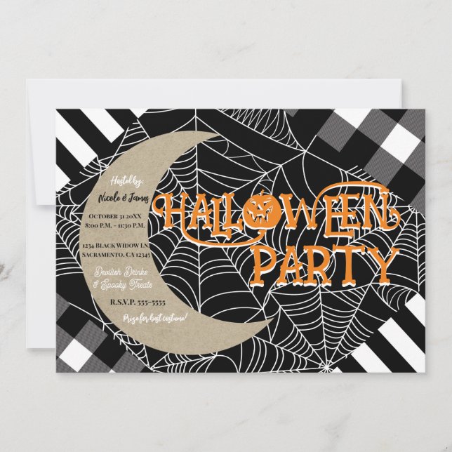 Invitation Patchwork Halloween Party Toile d'araignée noir et (Devant)