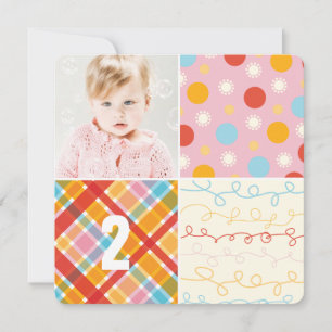 Invitation Patchwork rose Motif Carrés Fille Photo Anniversai