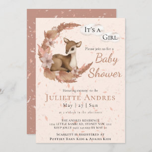 Invitation Pâte douce Pastel Bambi Fleurs Nuages Baby shower 