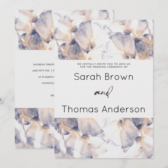 INVITATION PATELE BLANC ET BLEU MARIAGE FLORAL ÉLÉGANT (Devant / Derrière)