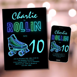 Invitation Patinage à rouleaux garçons Neon Glow Anniversaire