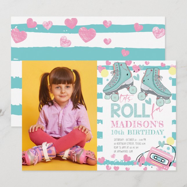 Invitation Patinage à rouleaux Pastel Photo Girl Anniversaire (Devant / Derrière)