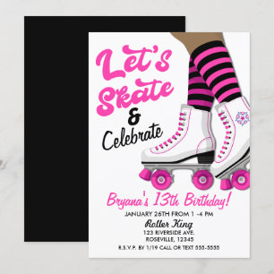 Invitation Patinage à roulettes rose et noir Patinage Anniver