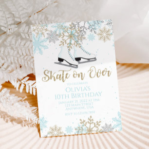 Invitation Patinage Bleu Or Paillettes Flocons de Neige Anniv