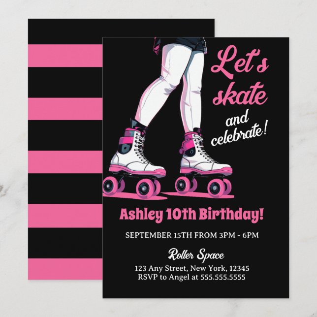 Invitation Patinage en Rollerblade rose et noir Anniversaire (Devant / Derrière)