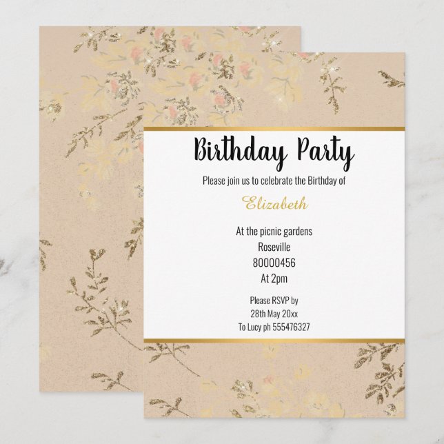 INVITATION PATINAGE FLORAL ROSE DUSTY ANNIVERSAIRE (Devant / Derrière)