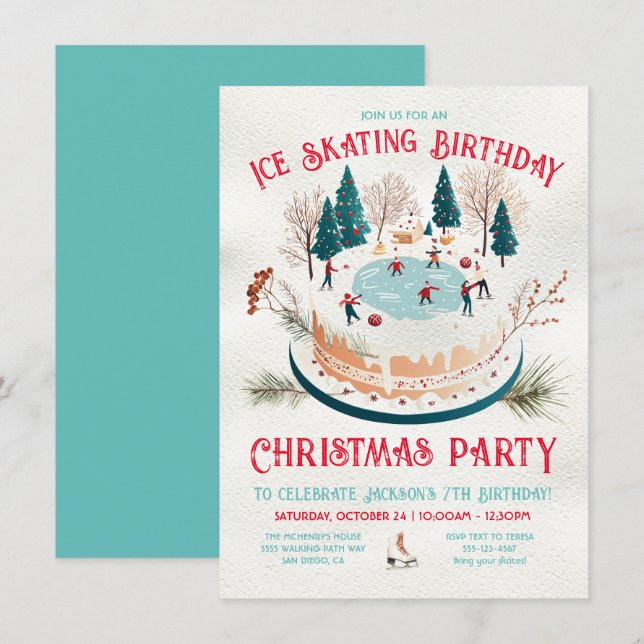 Invitation Patinage hivernal fête d'anniversaire (Devant / Derrière)
