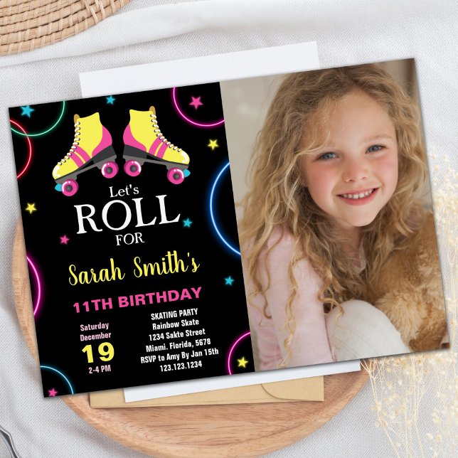 Invitation Patinage rose jaune noir avec photo Anniversaire (Black Yellow Pink Skating Birthday with Photo Invitation)
