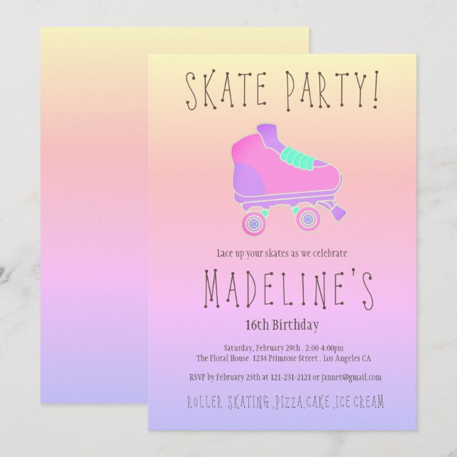 Invitation Patinage rose violet foncé élégant Sweet 16 Roller (Devant / Derrière)