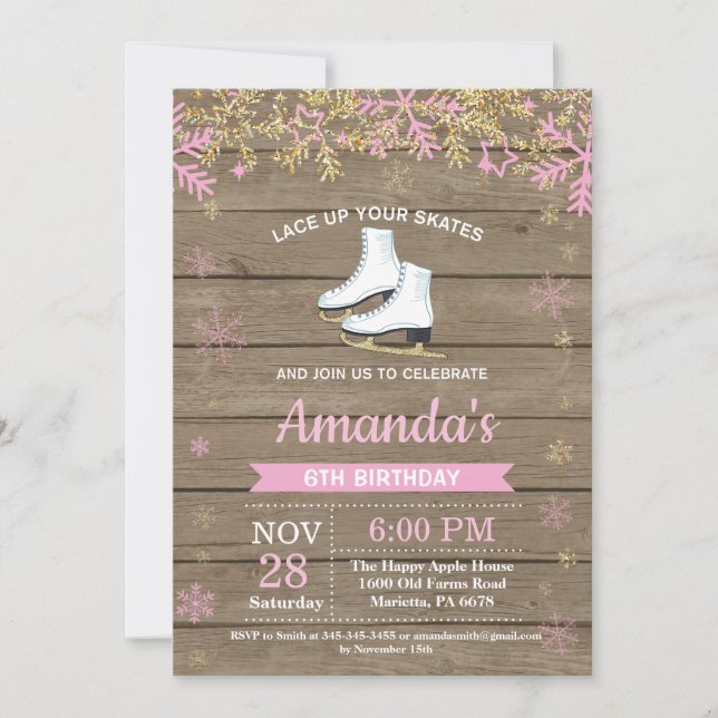 Invitation Patinage sur glace Anniversaire Fête Patinage rose (Devant)