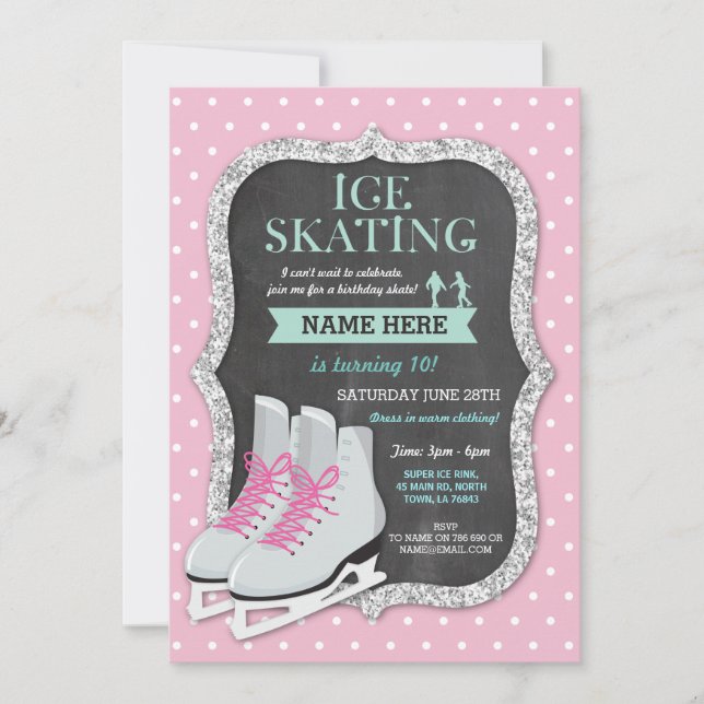 Invitation Patinage sur glace Anniversaire Fête Patinage rose (Devant)