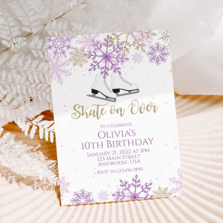 Invitation Patinage sur glace Flocons de neige violets et dor