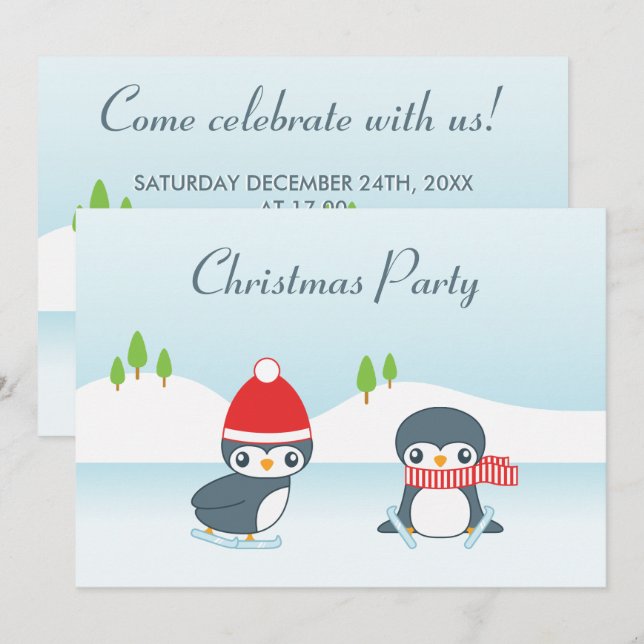 Invitation Patinage sur glace mignonne pingouins fête de Noël (Devant / Derrière)