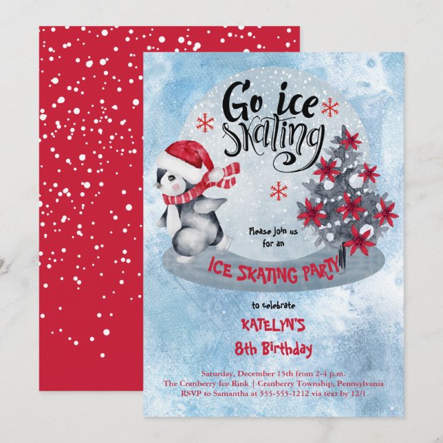 Invitation Patinage sur glace Pingouin Vacances 8e fête d'ann (Devant / Derrière)