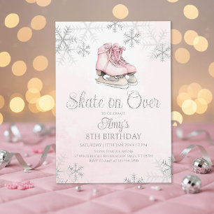 Invitation Patinage sur glace rose paillettes argent flocon d