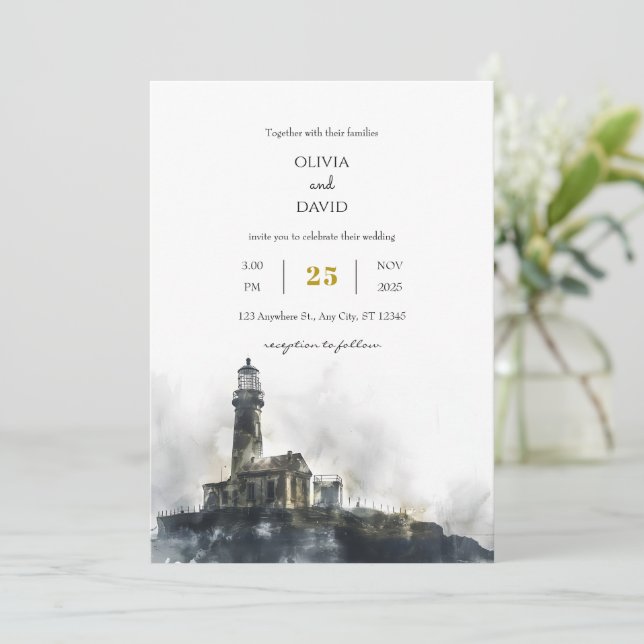 Invitation Patiné bord de mer Lighthouse Island Beach Mariage (Debout devant)